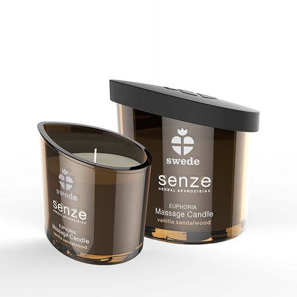 Due candele da massaggio. Scritta: swede, senze, Euphoria, Massage Candle, vanilla sandalwood. Vetro marrone, coperchio nero.