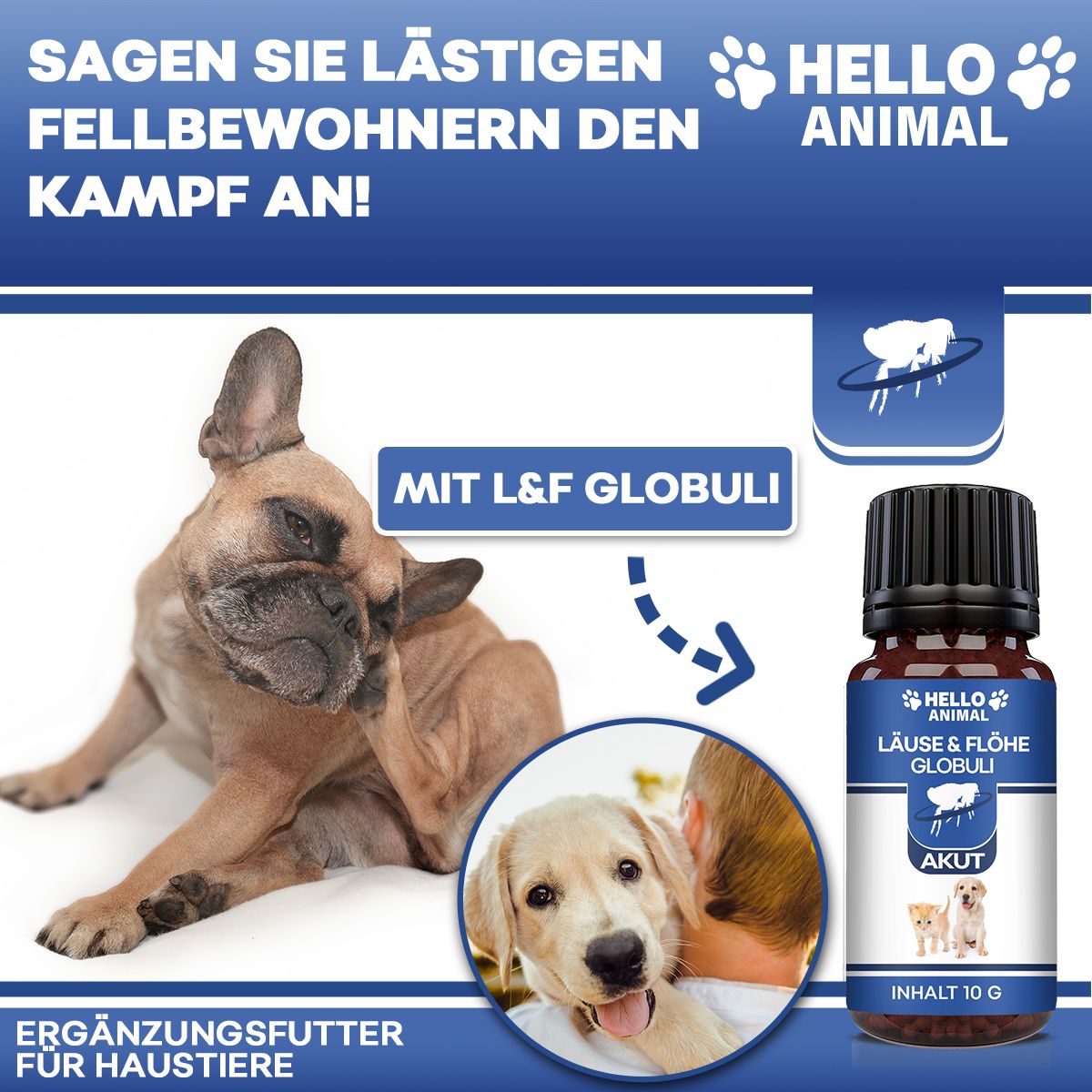 Flacone del prodotto accanto a un cane. Il cane si gratta. Testo: 'Con L&F Globuli'. Alimento complementare per animali.