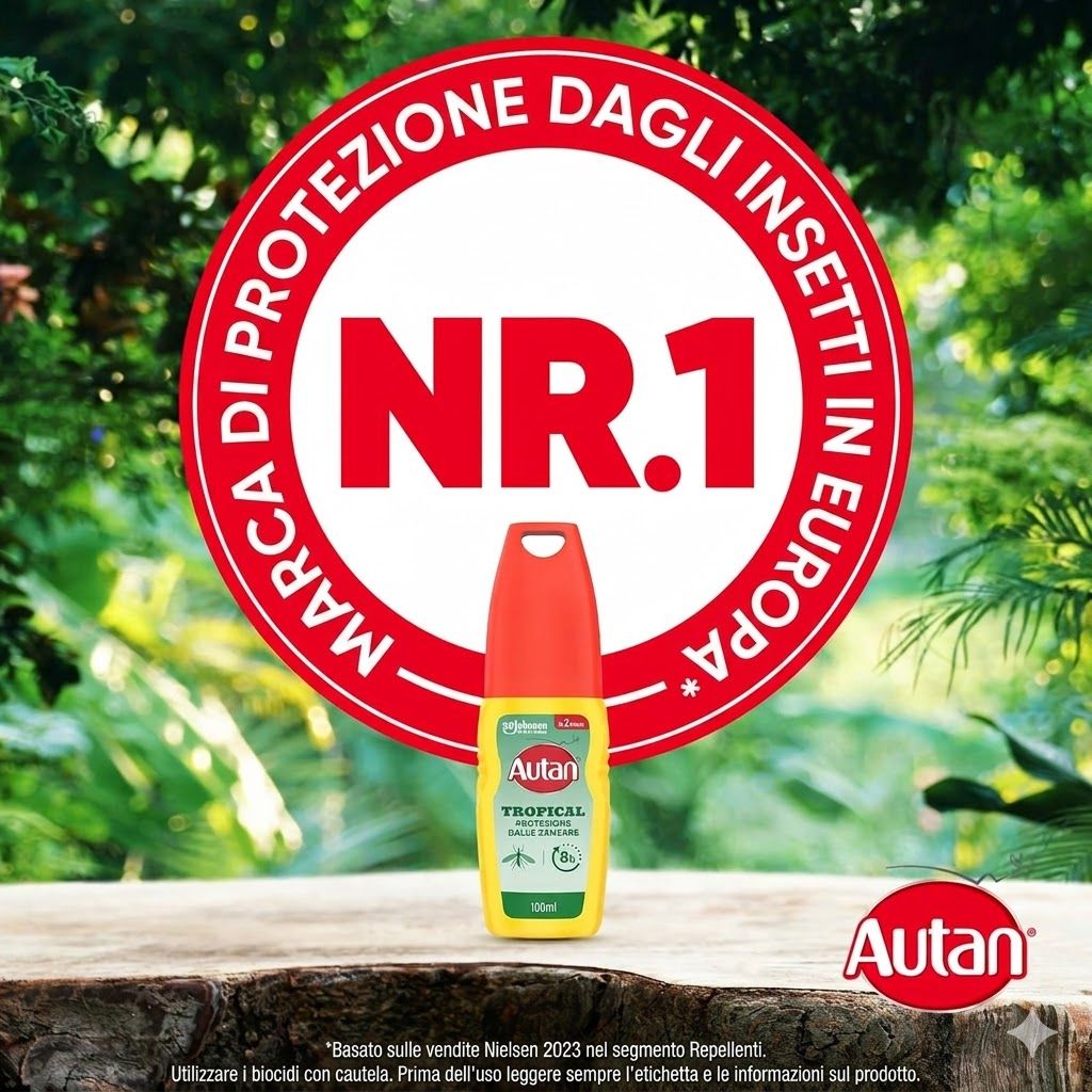 Autan Tropical Pumpspray. Marchio n. 1 di protezione dagli insetti in Europa. Prodotto su ceppo. Flacone rosso e giallo.