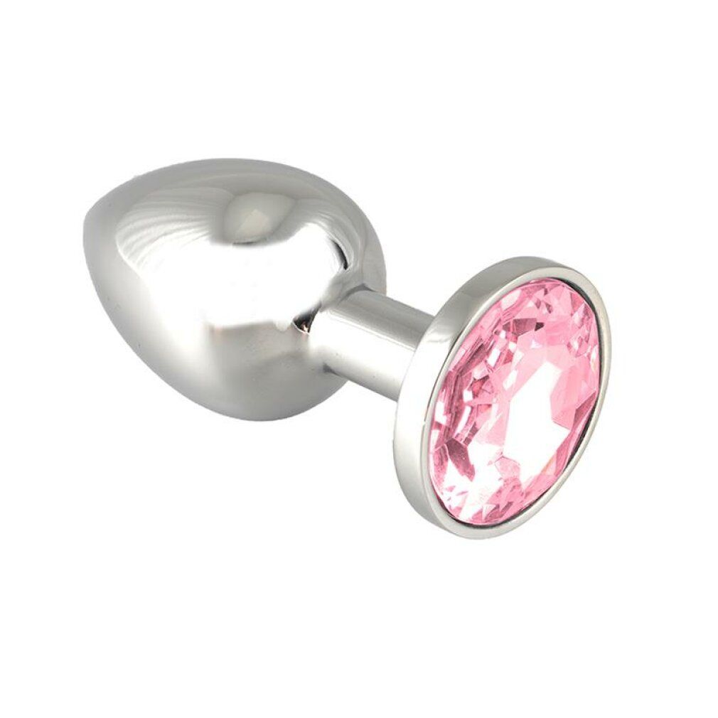 Plug anale argentato con cristallo rosa ovale. Il plug ha una forma ovale.