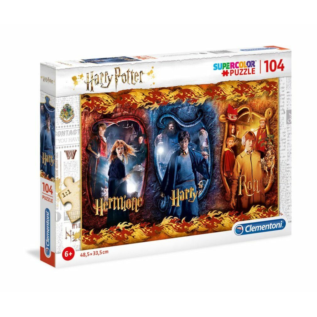 Puzzle con Harry, Ron e Hermione. 104 pezzi. Confezione con nome e logo del prodotto. Dimensioni: 48,5 x 33,5 cm. Clementoni.