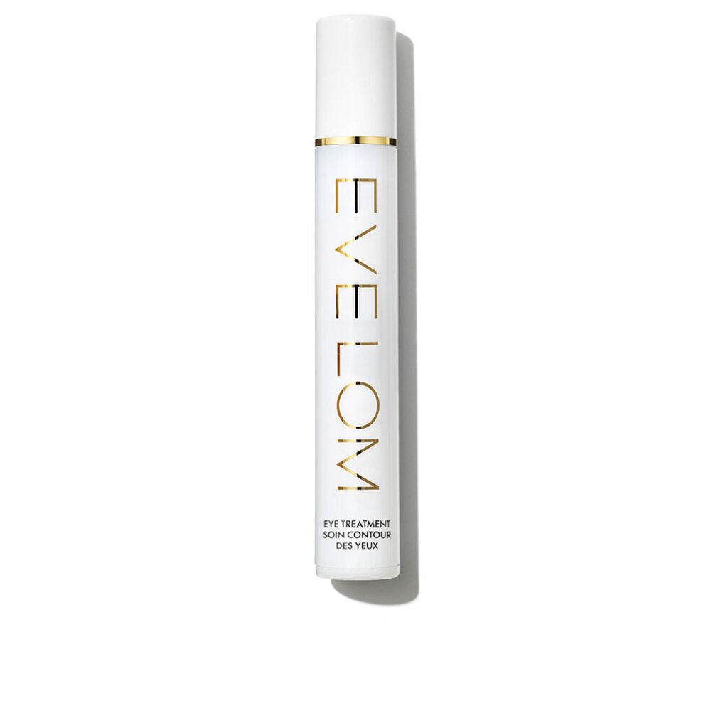 Flacone bianco con scritta dorata. Scritta: EVE LOM, TIME RETREAT, EYE TREATMENT. Tappo.