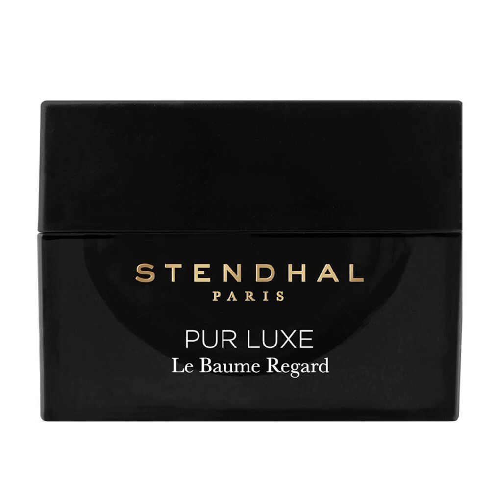 Vaso nero con scritta dorata. Scritta: STENDHAL PARIS, PUR LUXE Le Baume Regard.