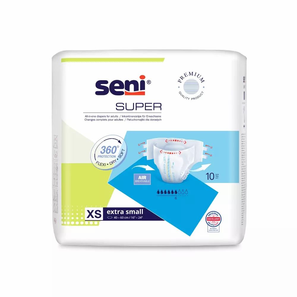 Confezione di pannolini Super Seni. Extra Small, 10 pezzi. Confezione blu e bianca con immagine del prodotto e loghi.