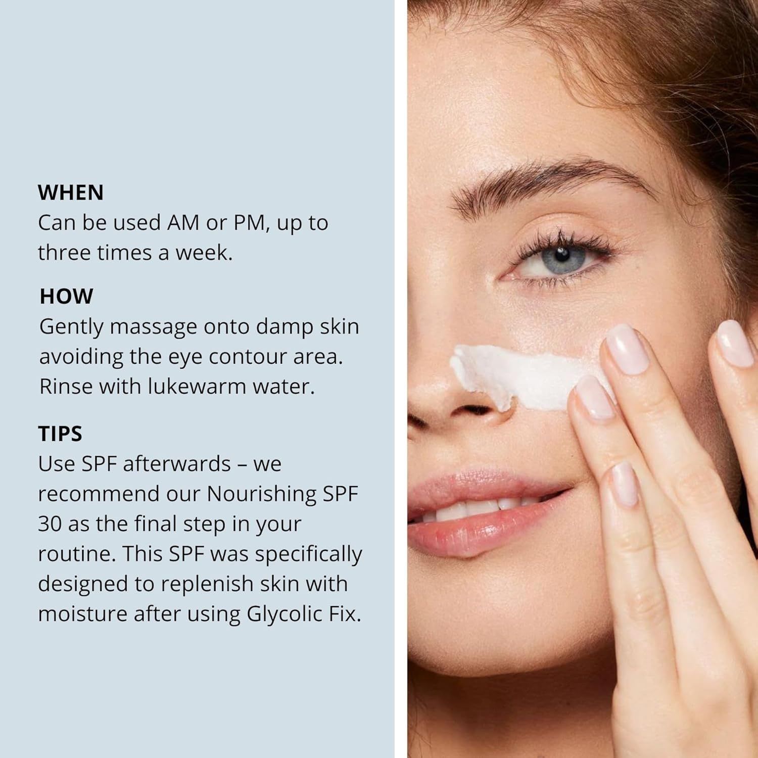 Istruzioni per l'uso. Applicare su pelle umida, evitare il contorno occhi. Risciacquare con acqua tiepida. Donna applica il prodotto.