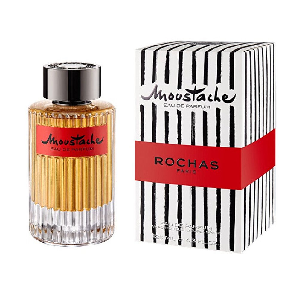 Flacone di profumo e confezione. Flacone con etichetta rossa Moustache. Confezione a righe con scritte Moustache e Rochas.