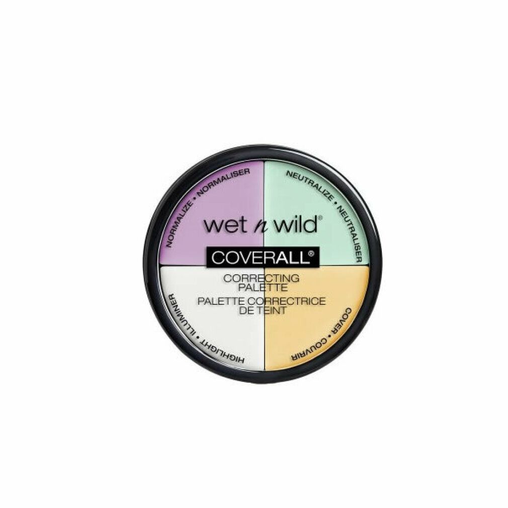 Palette correttiva Wet n Wild Coverall rotonda nera. Quattro sezioni colorate: viola, verde, bianco e giallo. Testo: Normalizza, Neutralizza, Illumina, Copre.