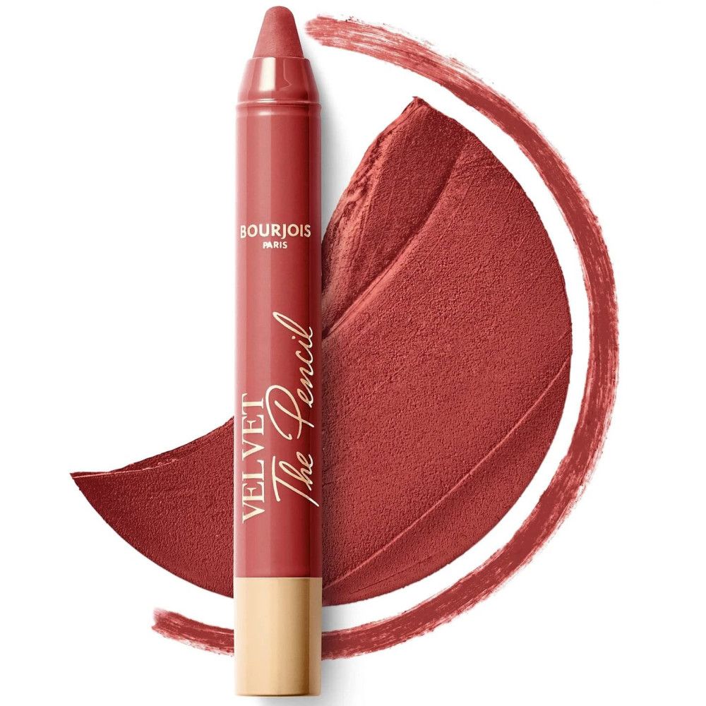 Matita rosso-marrone con base dorata. Testo: Velvet The Pencil, Bourjois Paris. Accanto, un'impronta di colore.