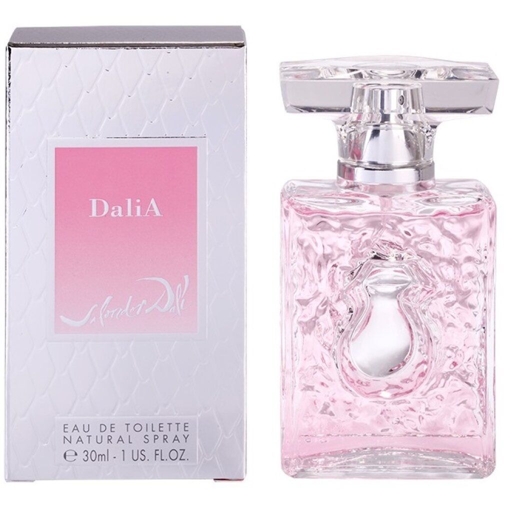 Flacone rosa e scatola. 'DaliA' e 'Salvador Dali' sulla scatola. 'Eau de Toilette'.
