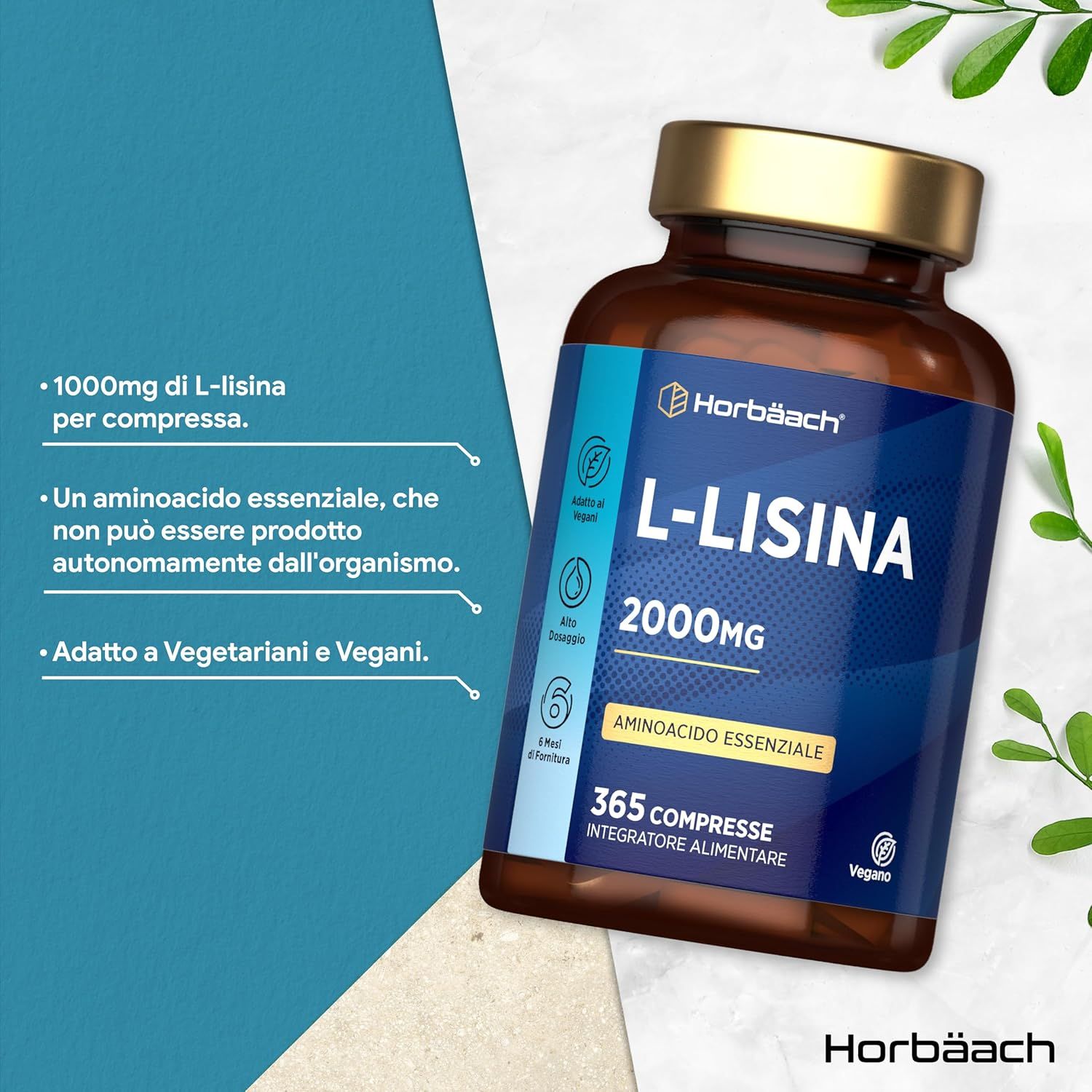 Flacone marrone con etichetta blu. L-Lisina 2000mg, 365 compresse. Vegano. Horbaach.