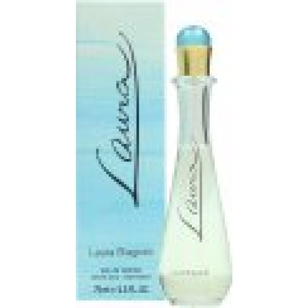 Flacone di profumo e confezione. Flacone con tappo blu e cappuccio dorato. Scritta "Laura".