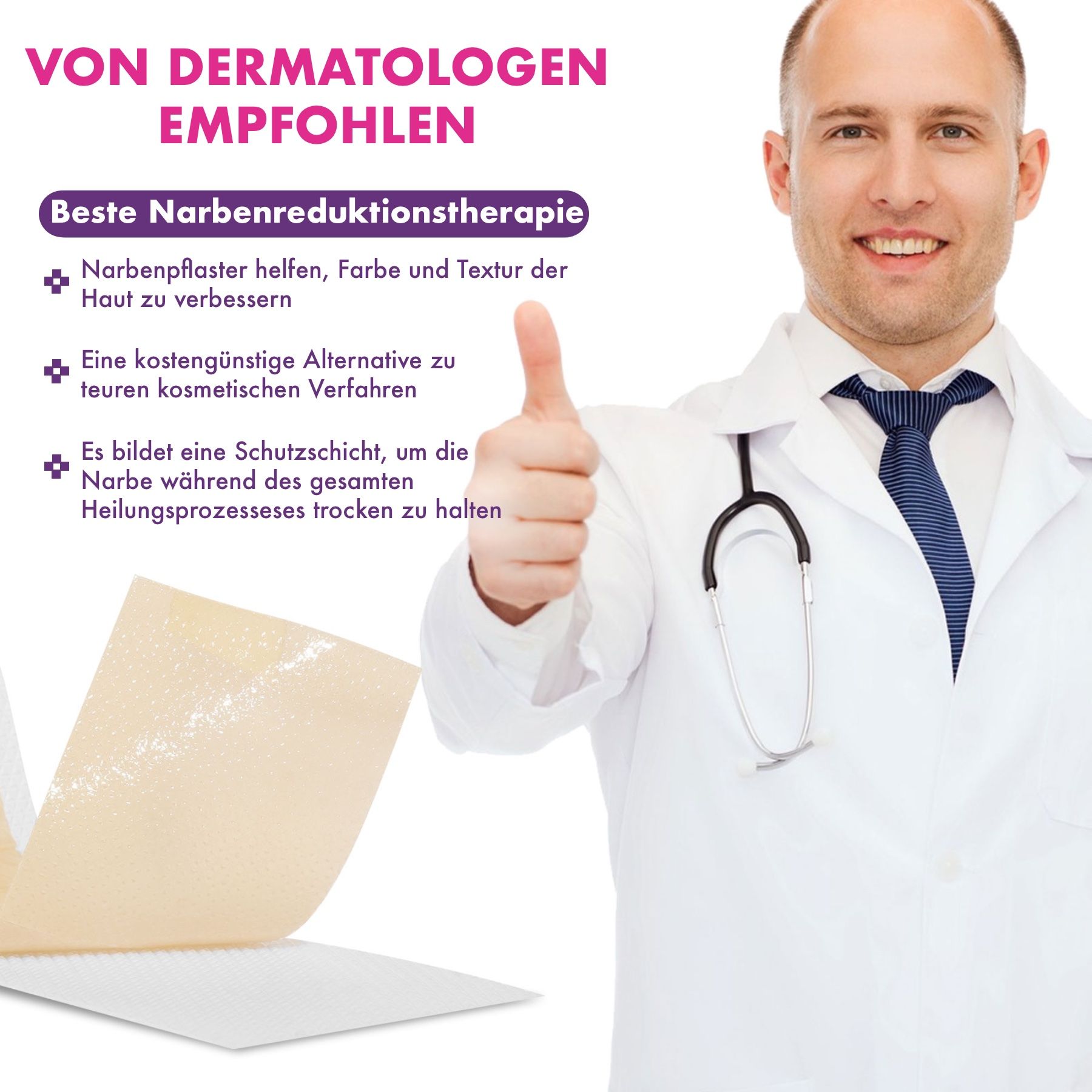 Medico con cerotto in silicone. Raccomandazioni: migliorare le cicatrici, alternativa economica, strato protettivo.