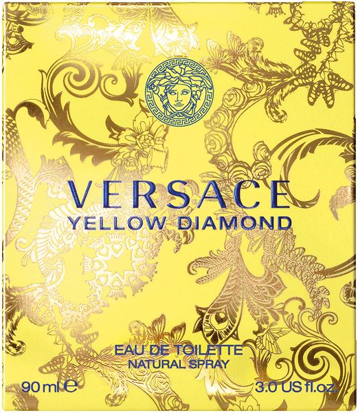 Confezione gialla Versace Yellow Diamond. Logo, scritta e motivo decorativo. Testo: Eau de Toilette.