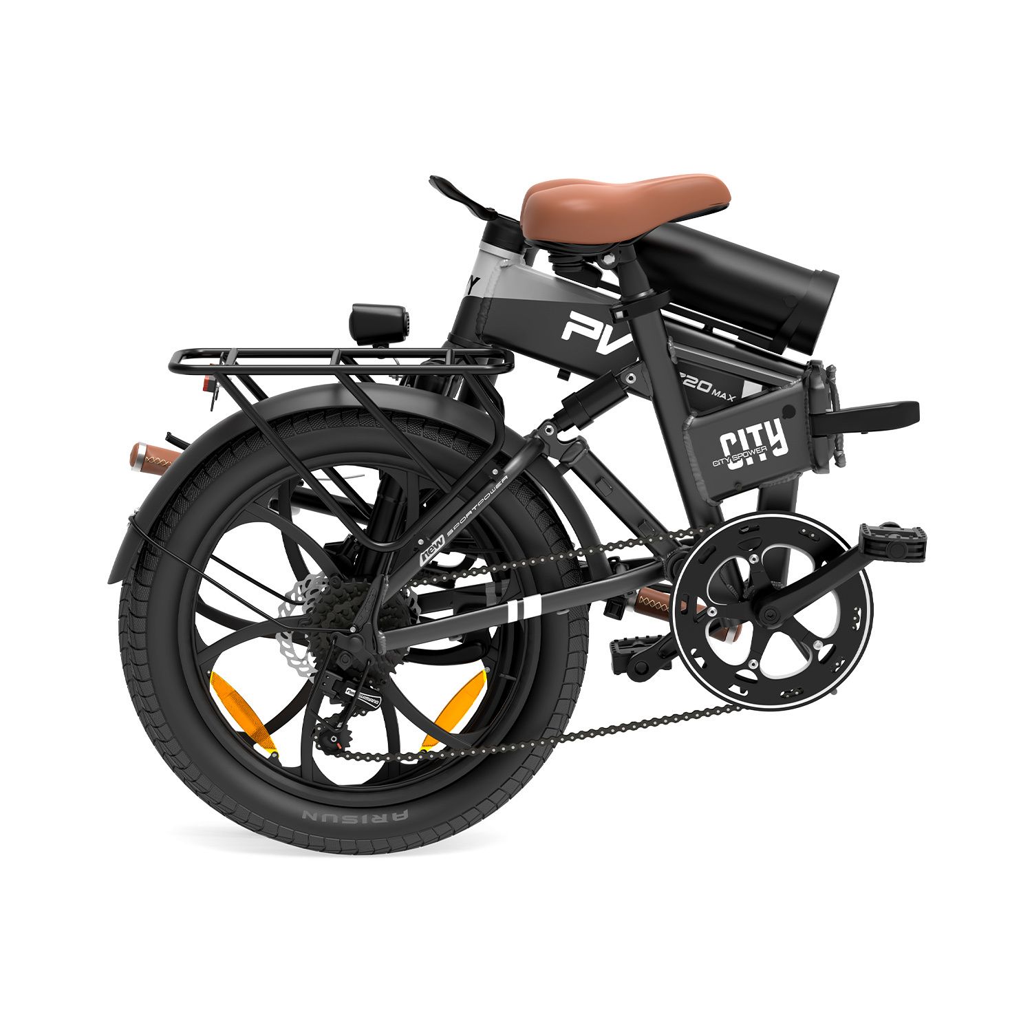 E-bike nero piegato con sella marrone. Scritta PVY Z20 MAX.