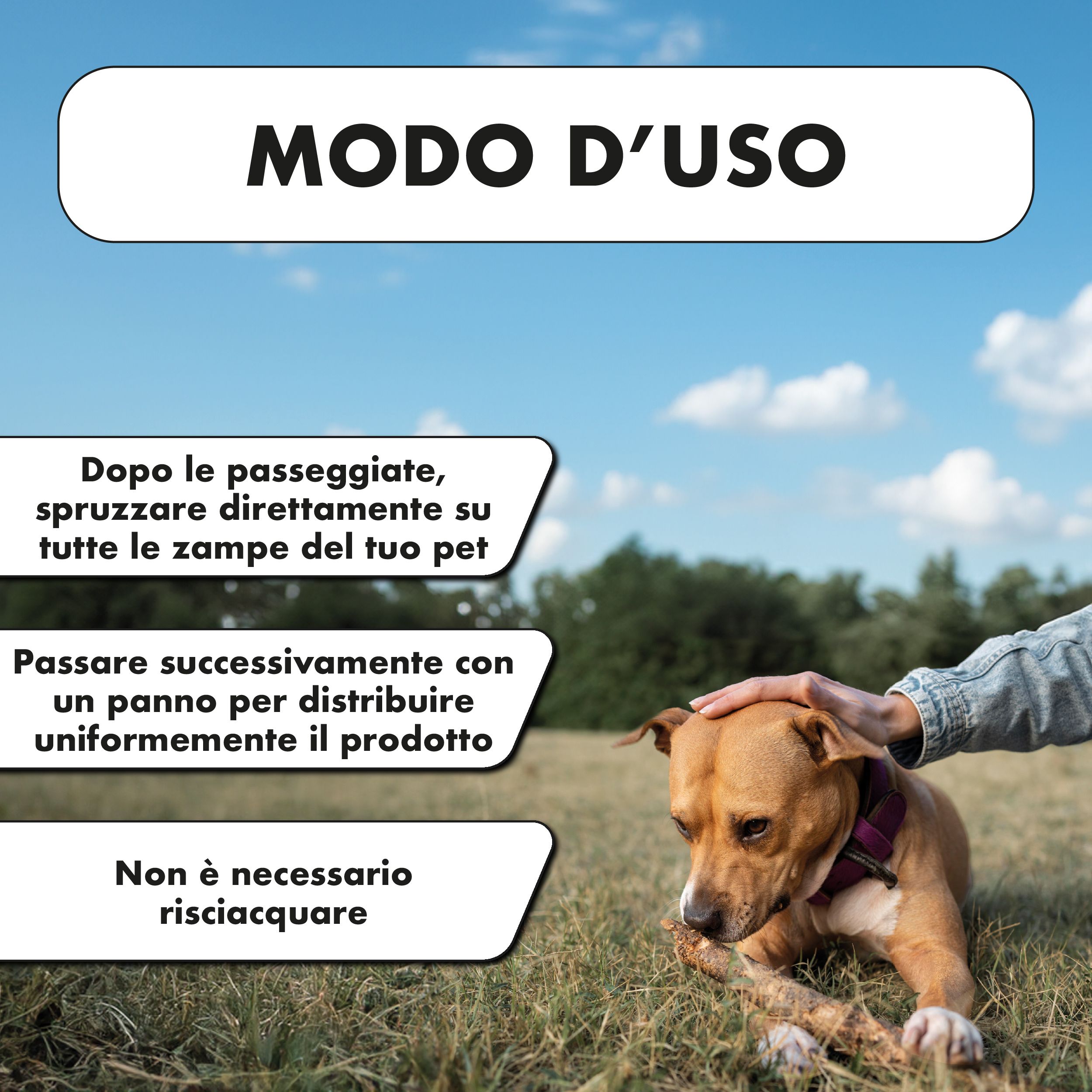Cane sull'erba. Testo: Modo d'uso, spruzzare sulle zampe dopo le passeggiate, passare con un panno, non risciacquare.