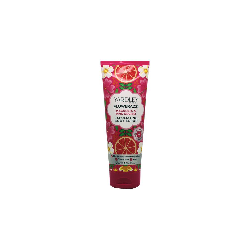 Tubo di scrub corpo con design floreale. Testo: Yardley Flowerazzi Magnolia & Pink Orchid. Exfoliating Body Scrub.