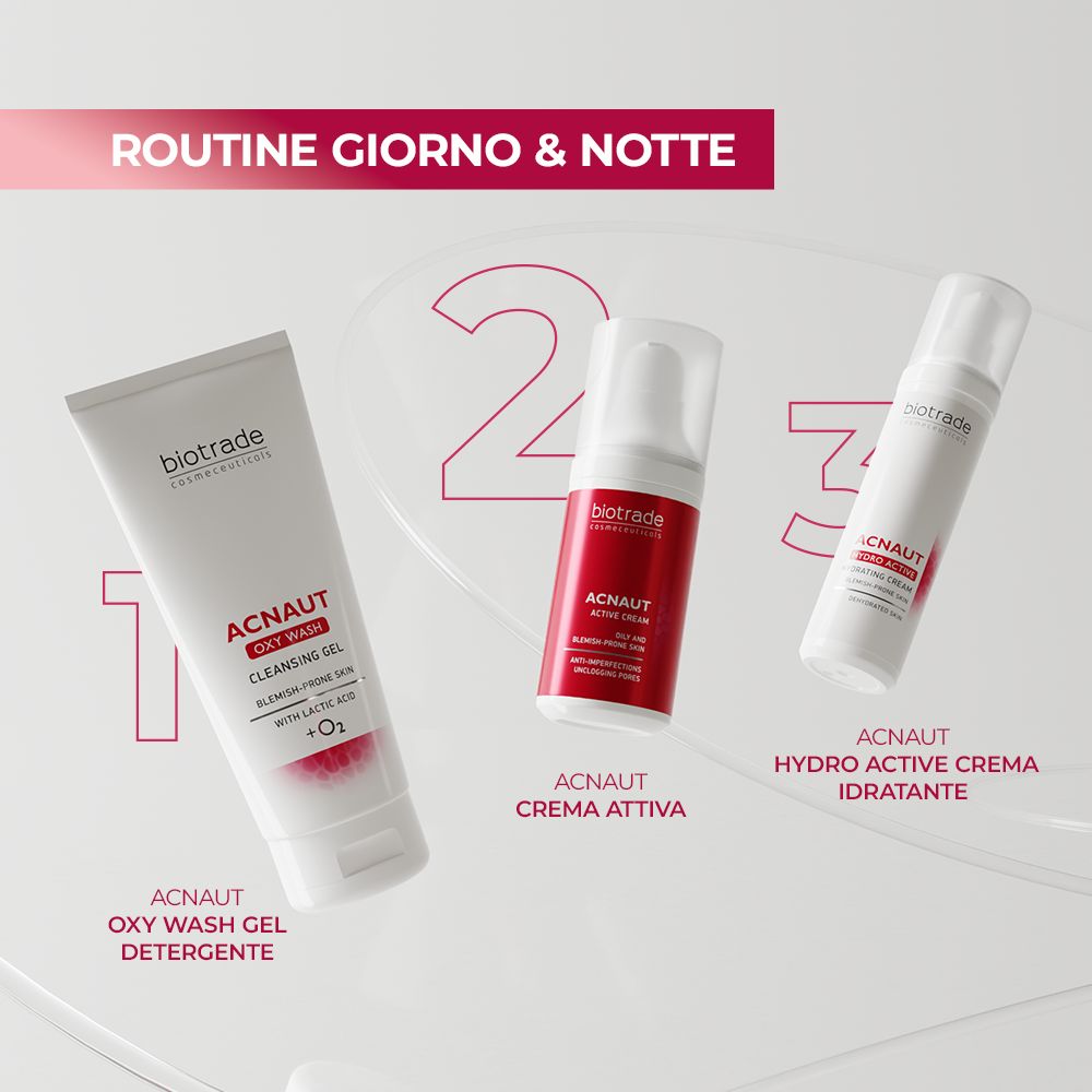 Tre prodotti: ACNAUT Oxy Wash, ACNAUT Active Cream, ACNAUT Hydro Active Cream. Per la routine quotidiana.
