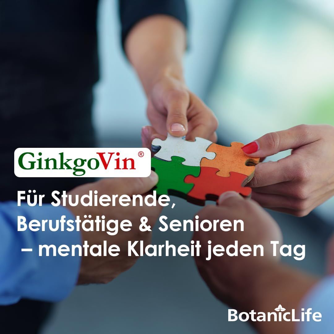 Mani che assemblano pezzi di puzzle. Testo: GinkgoVin. Per studenti, professionisti e anziani. Logo: BotanicLife.