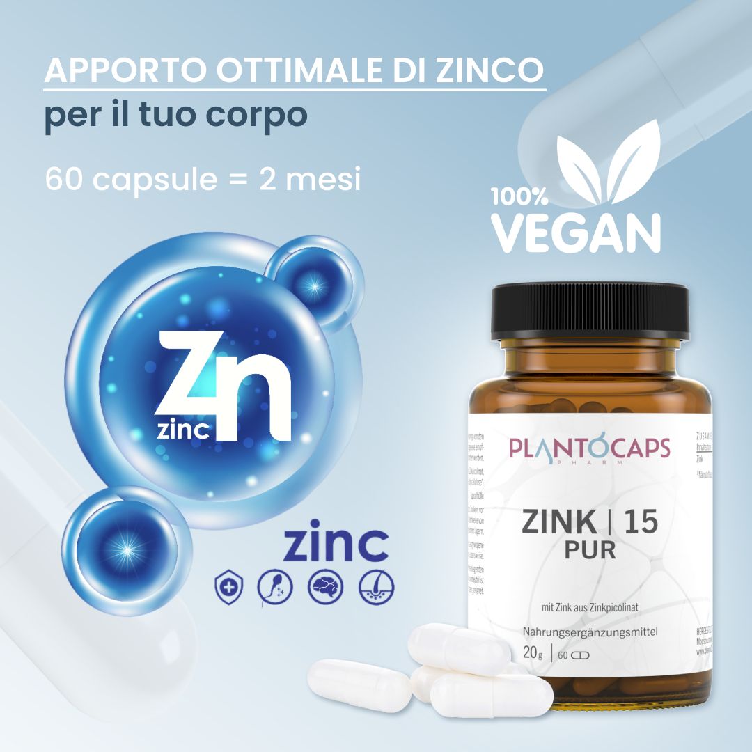 Flacone Zinco 15 PUR, 60 capsule, 100% Vegan.