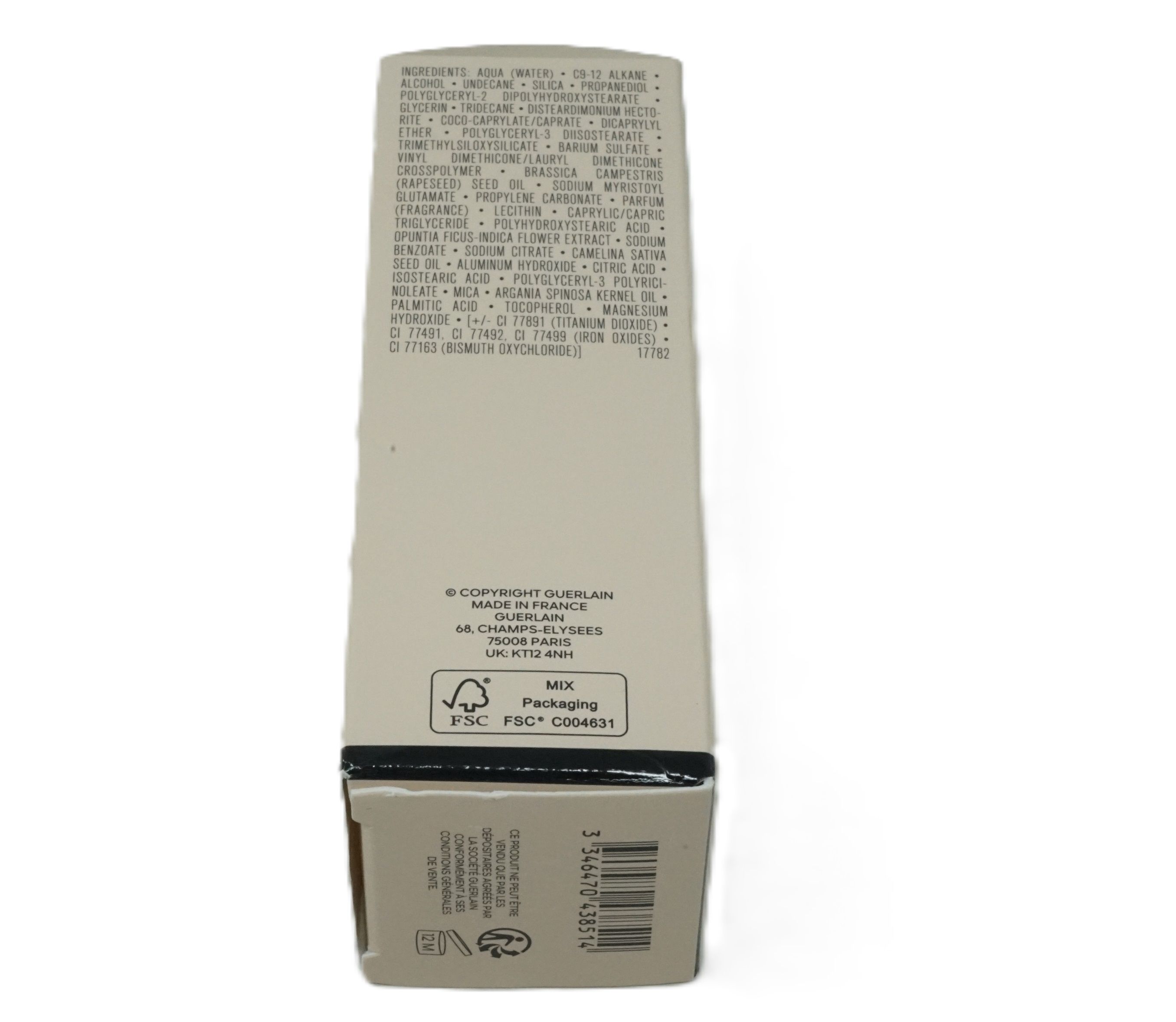 Confezione in cartone beige. Ingredienti, copyright, logo FSC e codice a barre. Logo e indirizzo Guerlain.