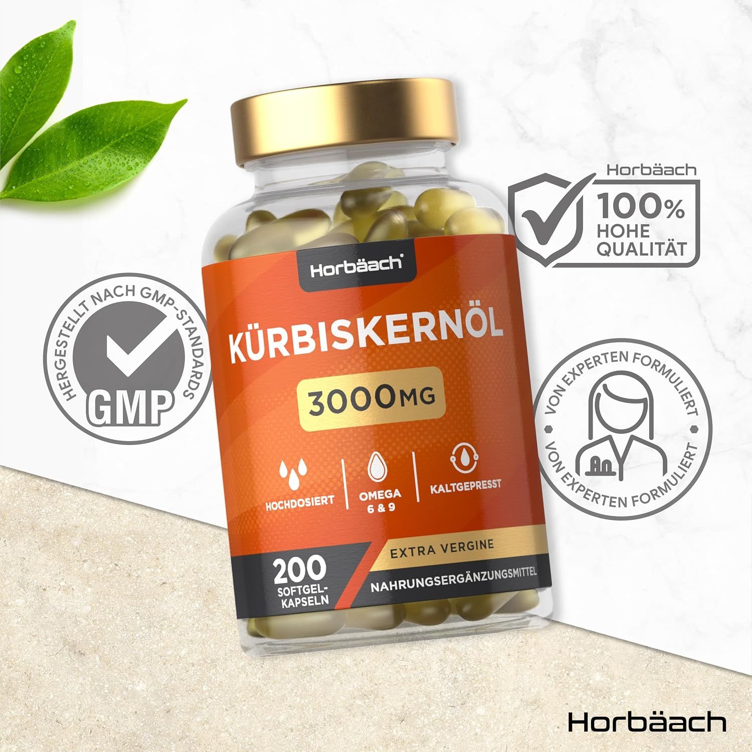 Flacone di capsule di olio di semi di zucca Horbaach. Certificazione GMP e 100% alta qualità. Formulato da esperti.