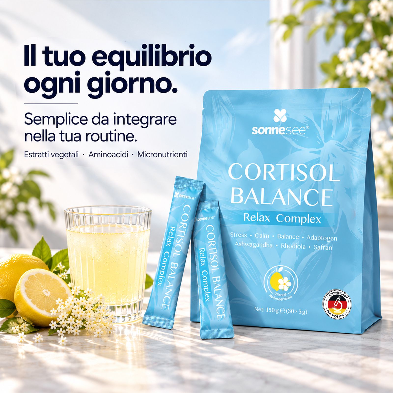 Confezione SonneSee Cortisol Balance con stick, limone e fiori di sambuco.
