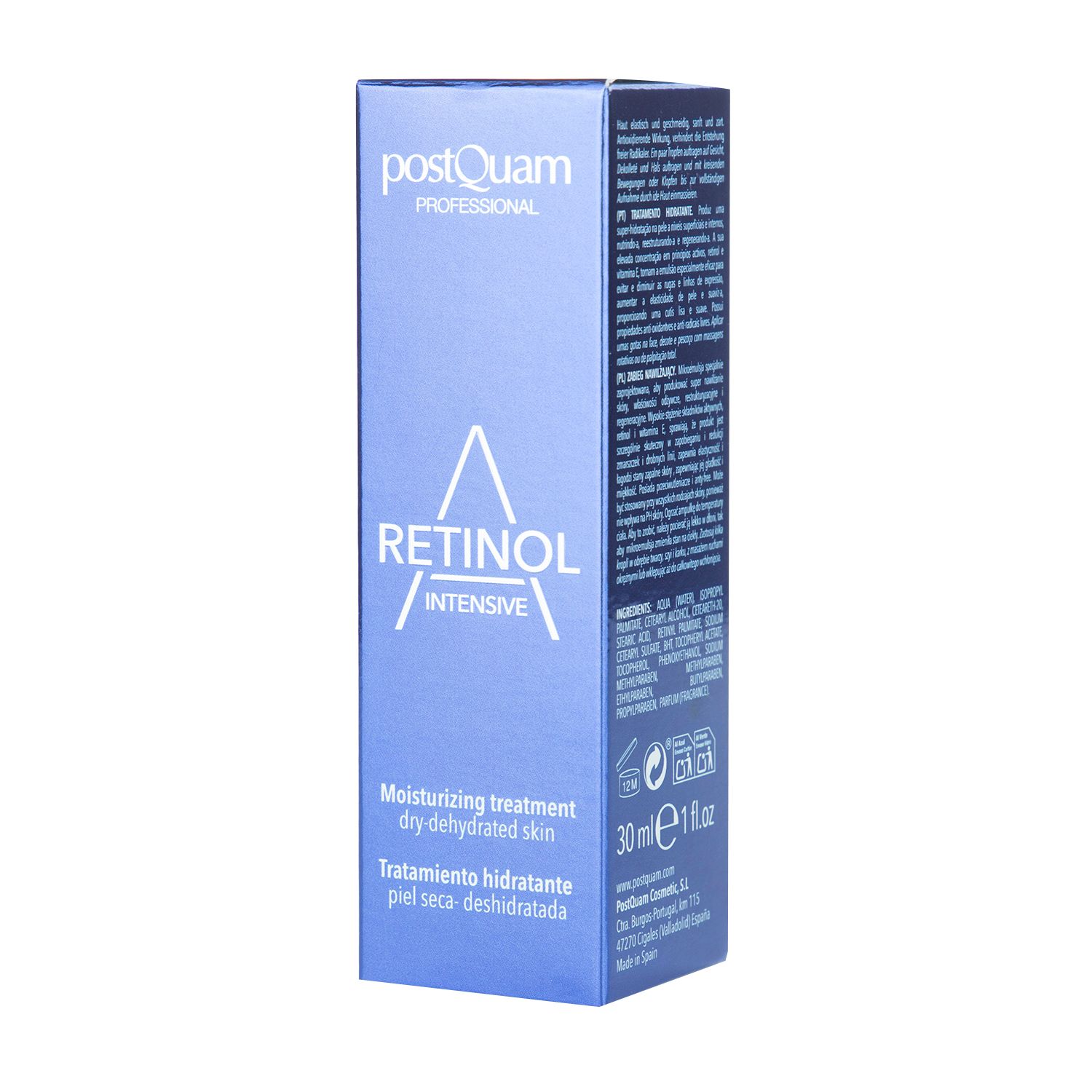 Scatola blu. Scritta: Retinol Intensive, Postquam Professional. 30ml. Trattamento idratante per pelle secca.