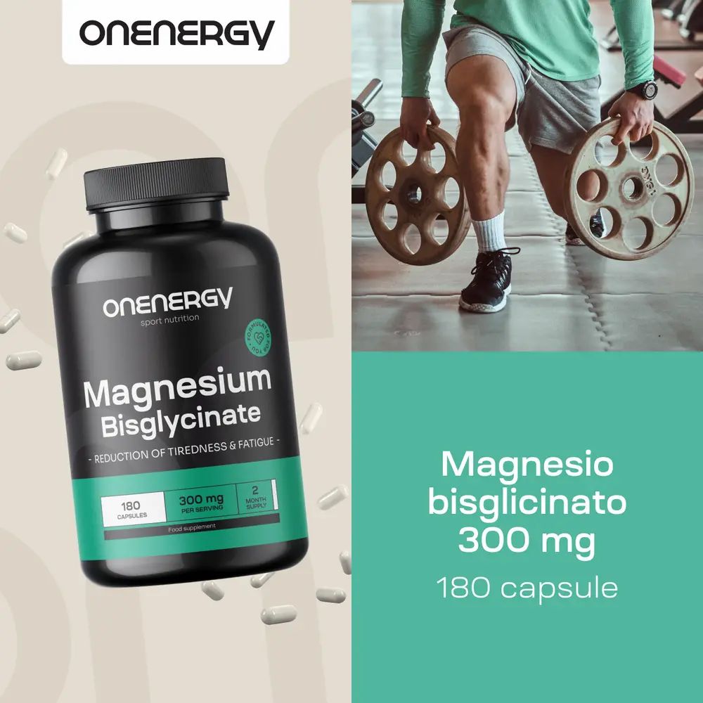 Flacone "Onenergy Magnesiumbisglycinate" accanto a persona che si allena. 180 capsule. Testo: Magnesio bisglicinato 300 mg.