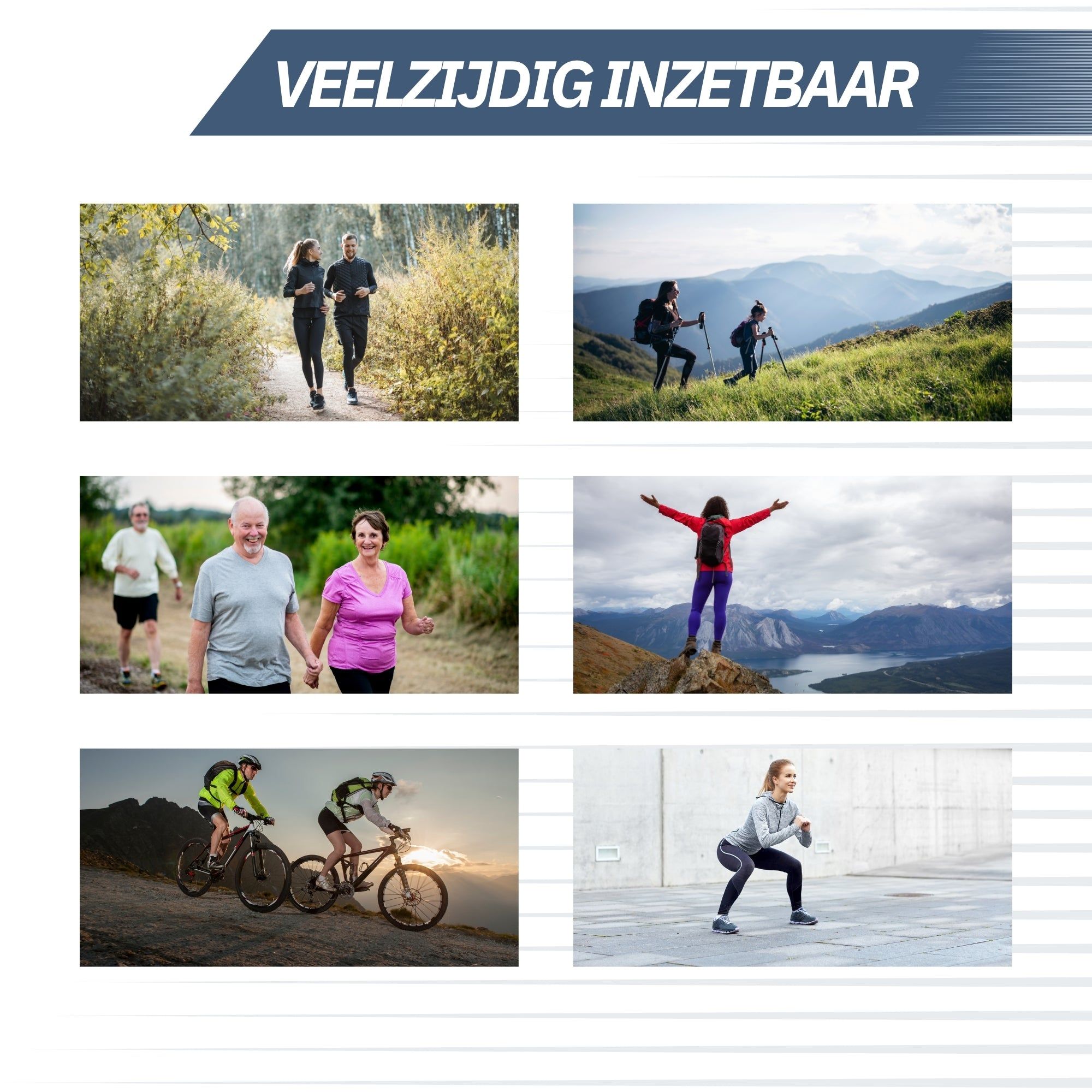 Diverse persone sono raffigurate in varie attività all'aperto: corsa, escursionismo, ciclismo e yoga.