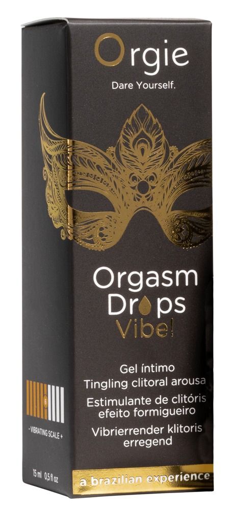 Confezione Orgie Orgasm Drops Vibe!. Scatola nera con maschera dorata, nome del prodotto e scala di vibrazione.