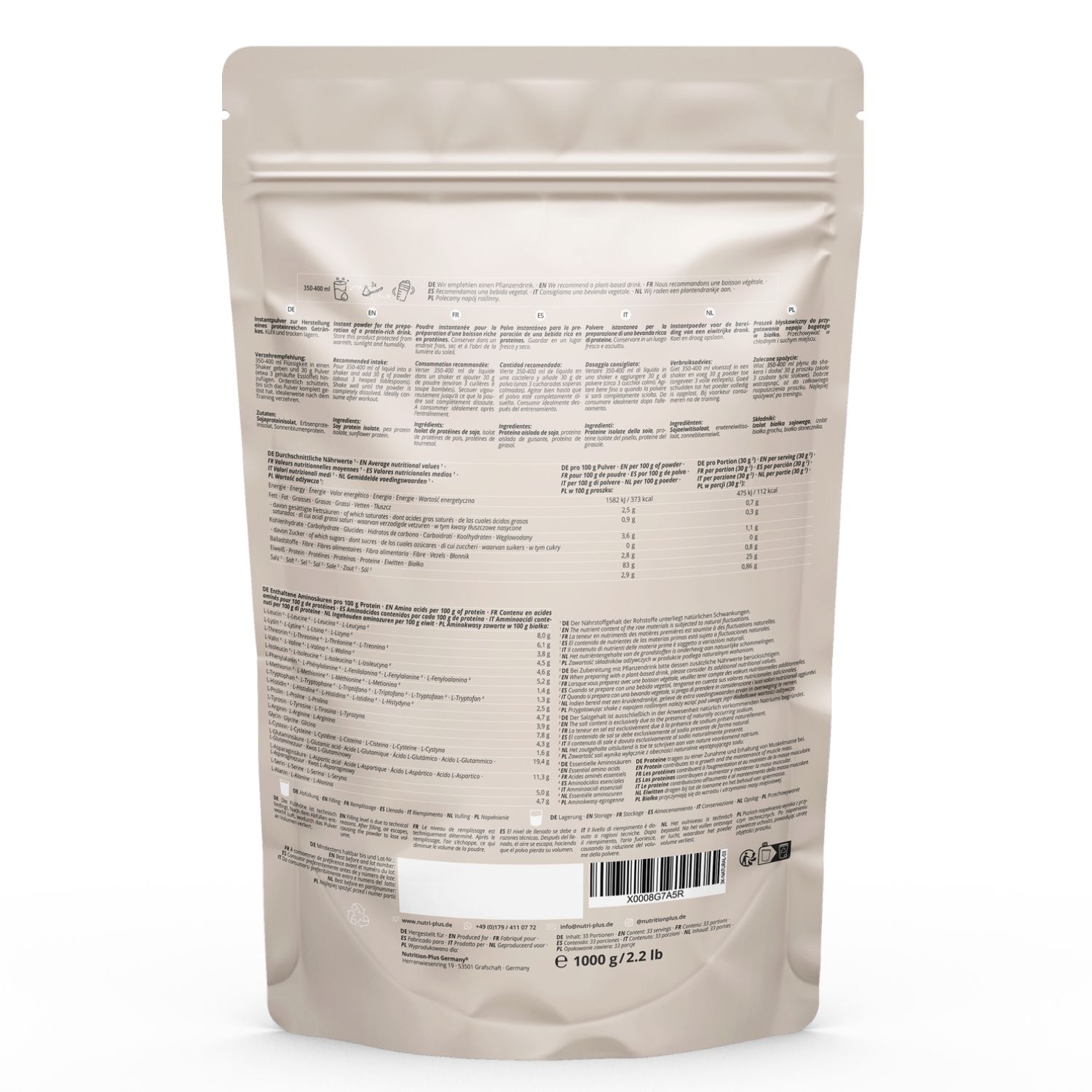 Retro di un sacchetto beige di nutri+ Vegan 3k Protein. Testo: informazioni nutrizionali, 1000 g/2.2 lb.
