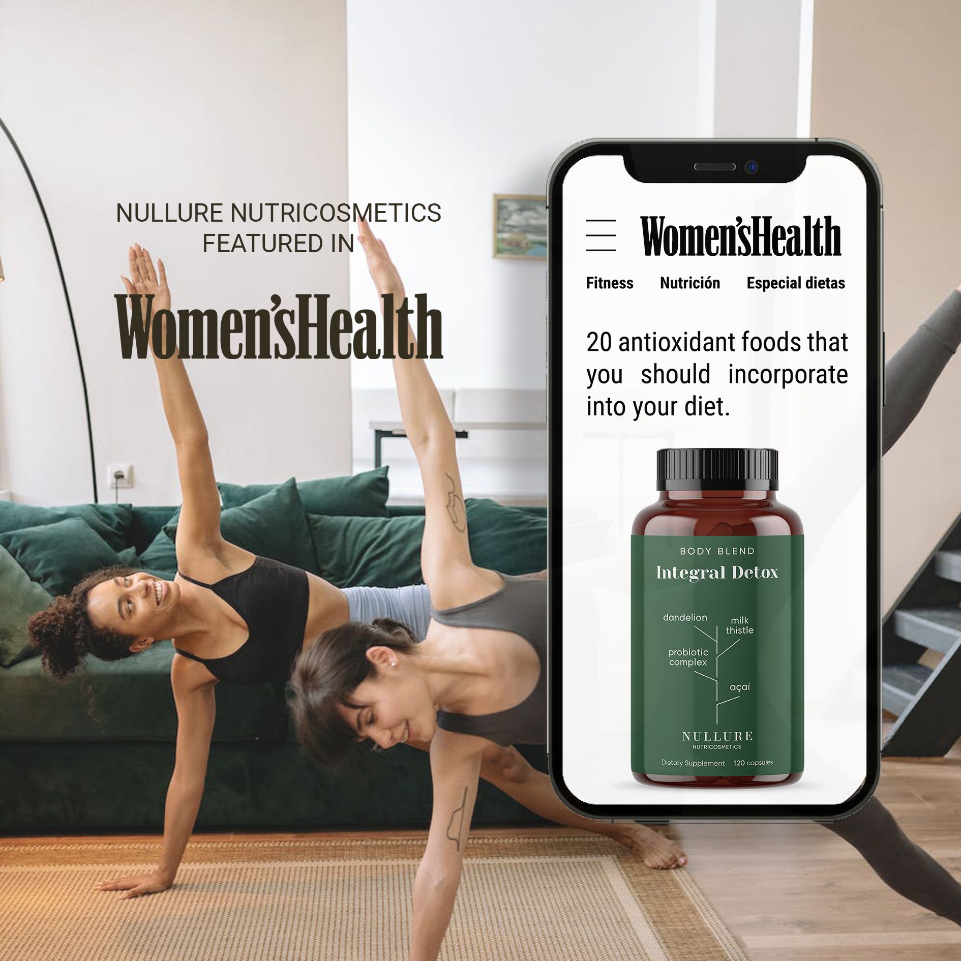 Donne che si allenano. Smartphone con articolo di Women's Health. Flacone con Integral Detox.