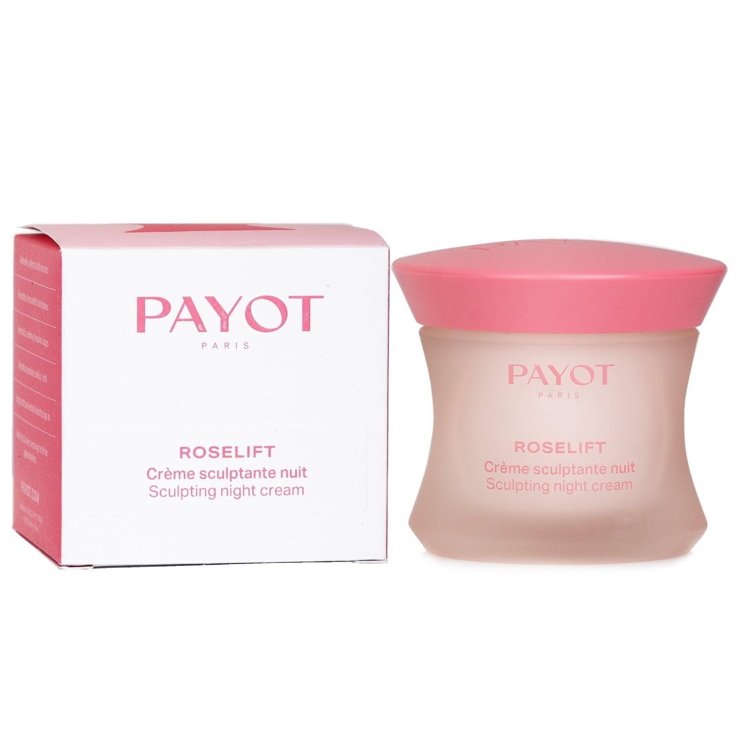 Vaso di crema e confezione. Scritta PAYOT PARIS e ROSE LIFT. Testo: Crème sculptante nuit, Sculpting night cream.