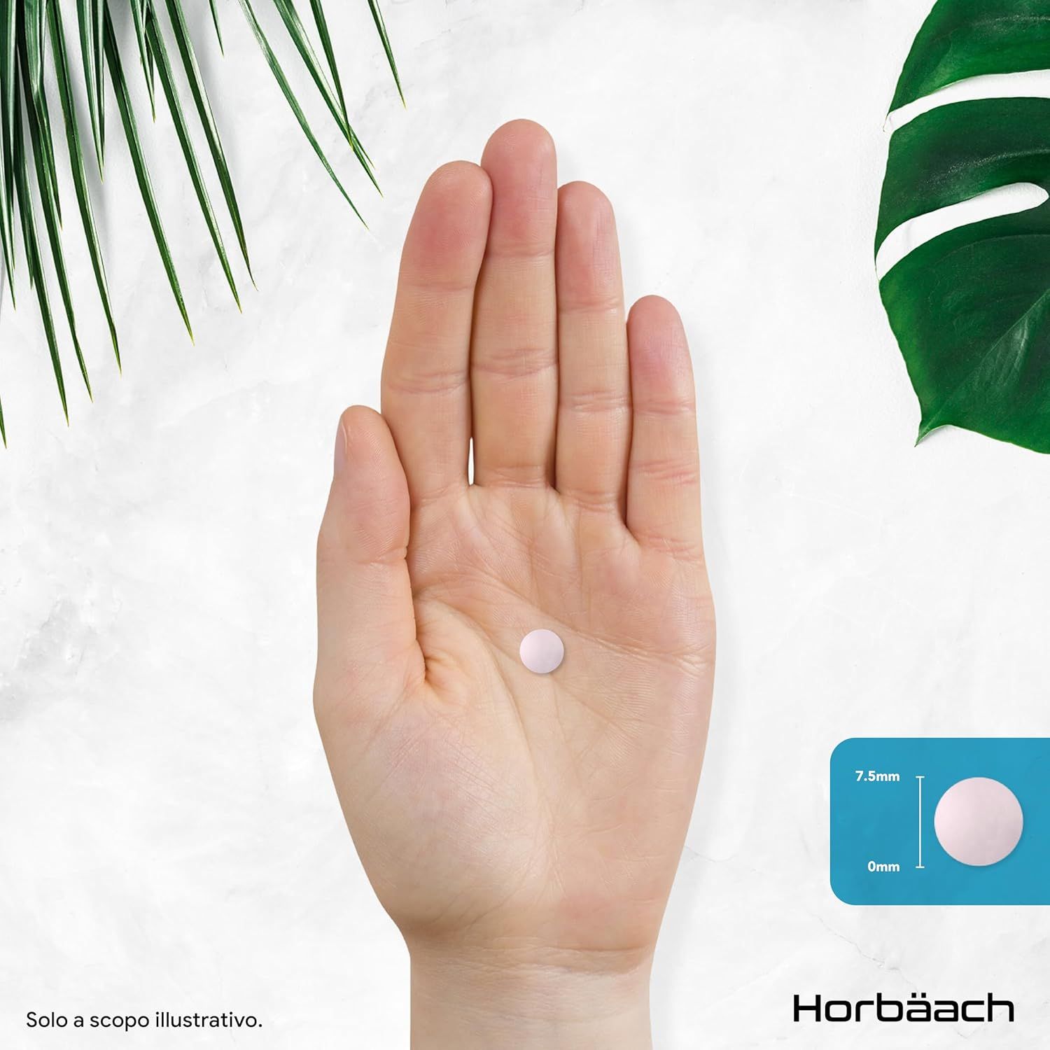 Mano che tiene una singola compressa, rotonda e rosa. Dimensioni: 7,5 mm x 6 mm.