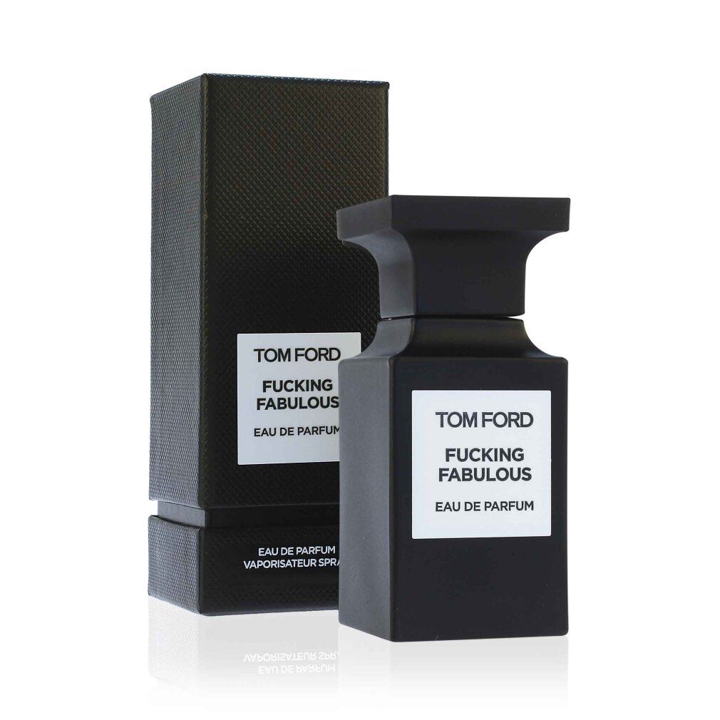 Flacone e confezione neri. Etichetta bianca con testo: TOM FORD, FUCKING FABULOUS, Eau de Parfum. 100 ml.