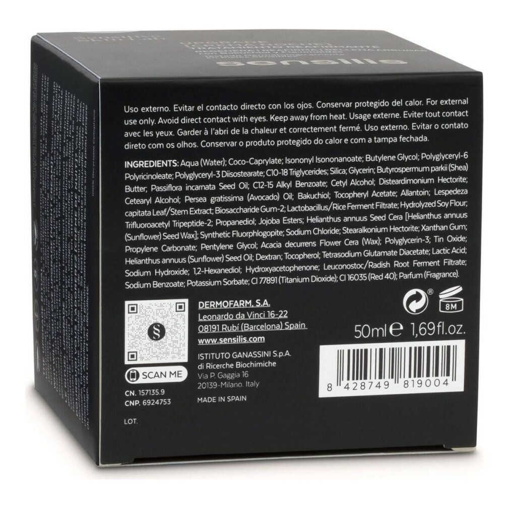 Scatola nera con testo e ingredienti. Scritta: Sensilis, 50ml, 1,69 fl.oz. Codice QR e marchi di qualità.