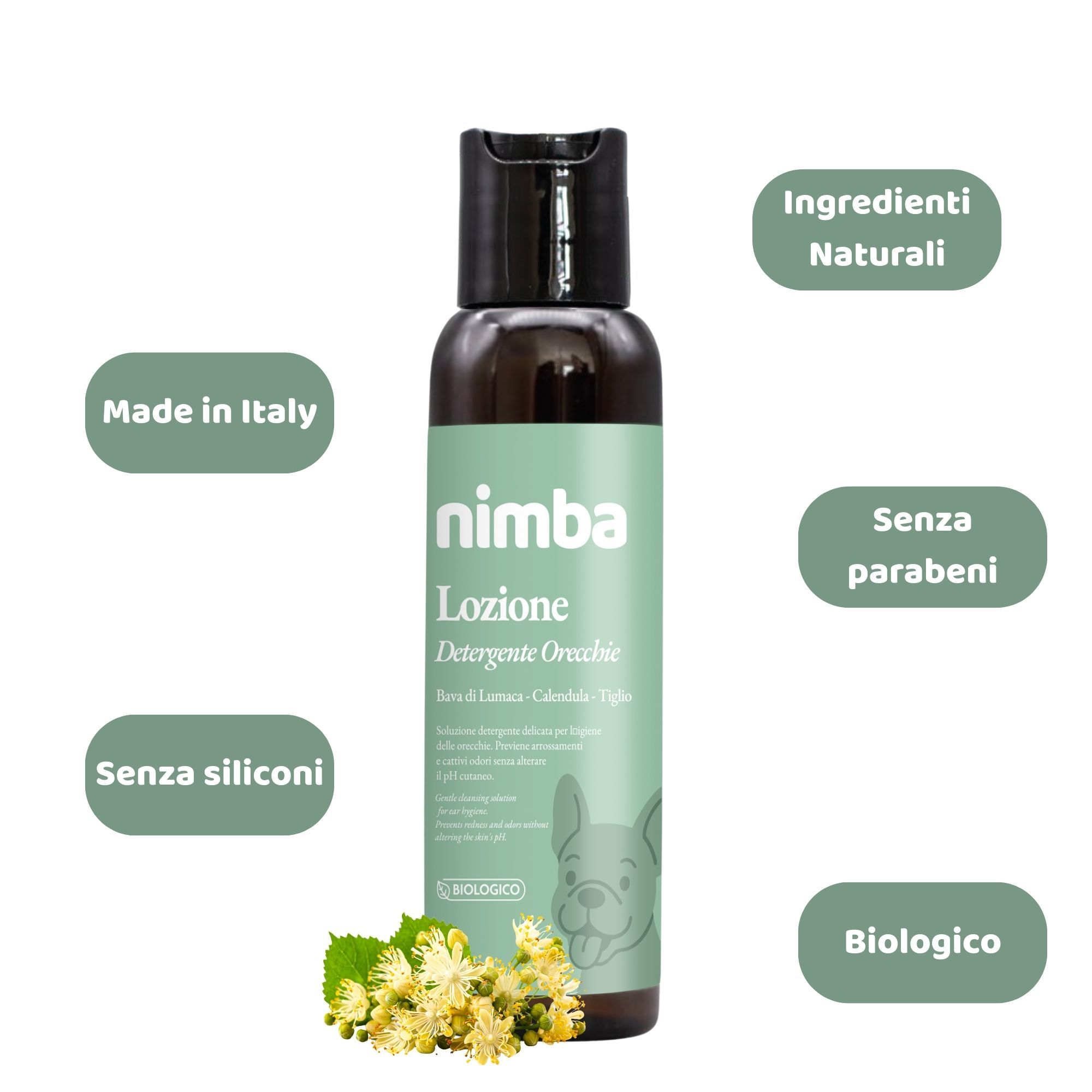 Flacone marrone con etichetta verde. Scritta: nimba Lozione Detergente Orecchie. Illustrazione di un cane. Etichette aggiuntive.