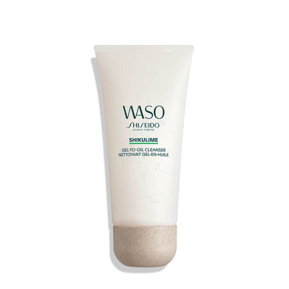 Detergente in crema-gel in tubo. Bianco, con stampa verde e marrone. Scritta: WASO SHIKULIME GEL-TO-OIL CLEANSER.