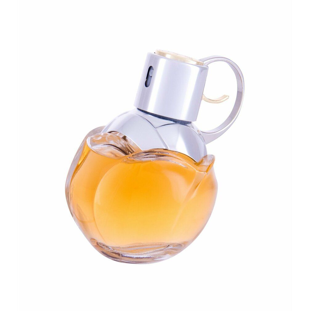 Flacone di profumo a forma di fiore, tappo argentato, anello dorato. Contiene liquido giallastro.