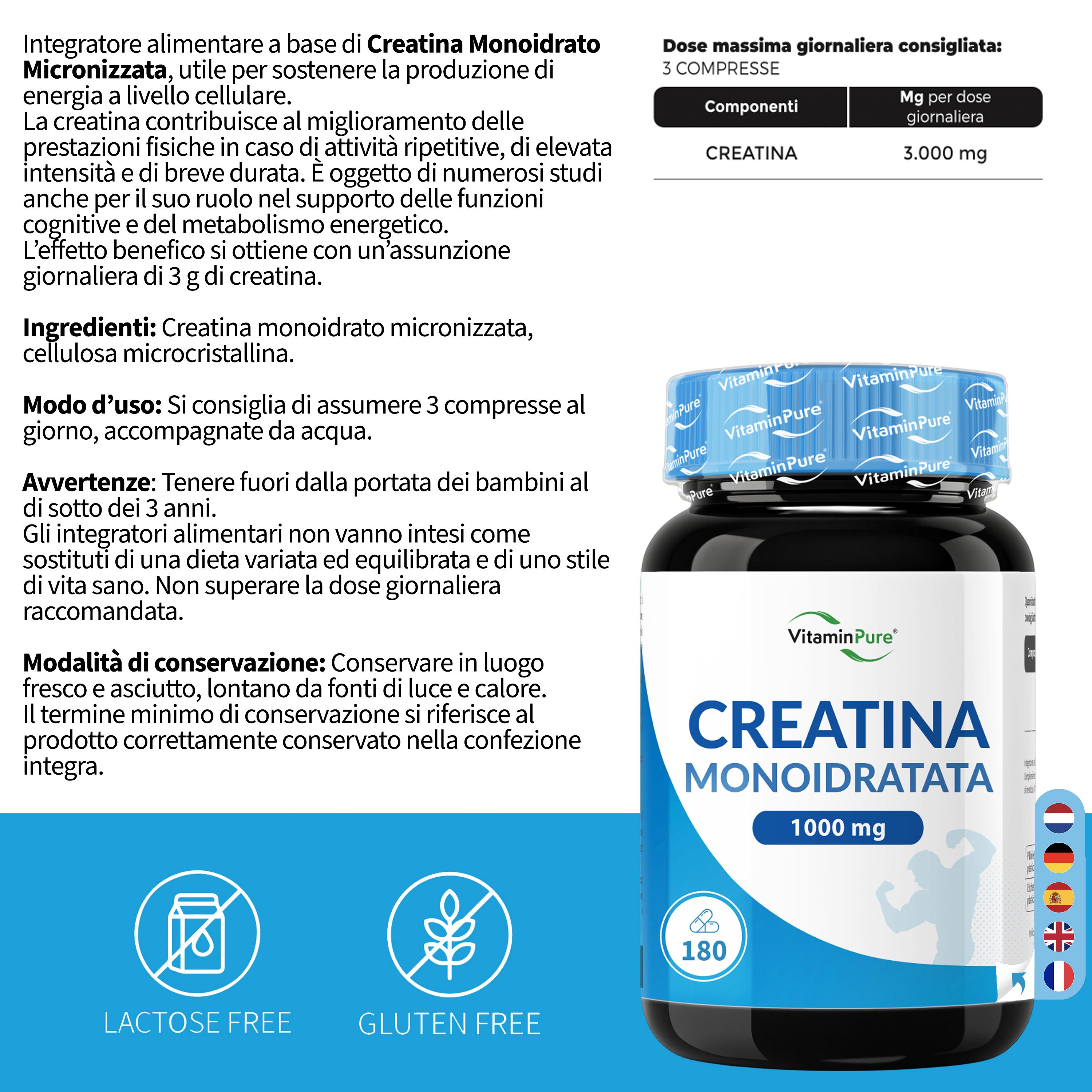 VitaminPure Creatina Monoidrata, 180 compresse. Flacone con tappo ed etichetta blu. Contiene informazioni e icone. Senza lattosio, senza glutine.