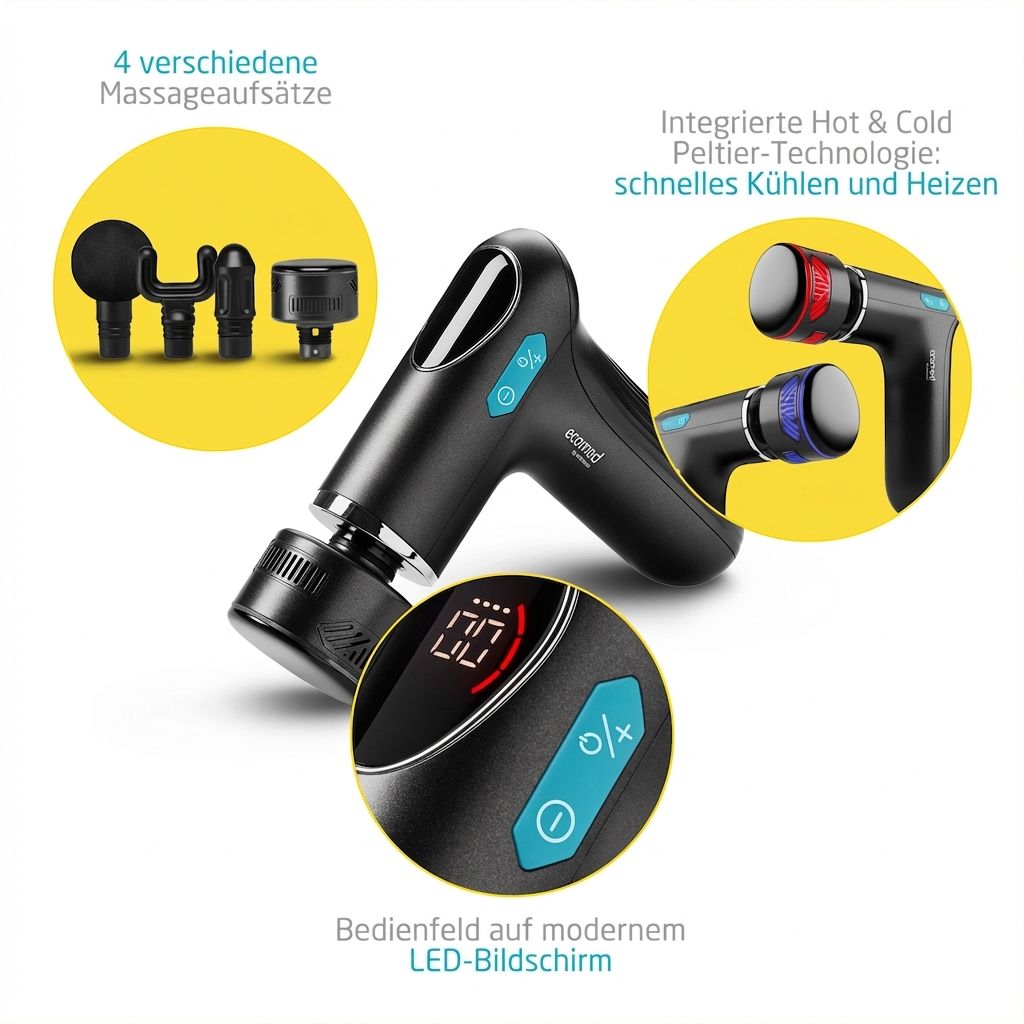 Pistola massaggiante nera con quattro accessori, display LED e tecnologia Hot & Cold.