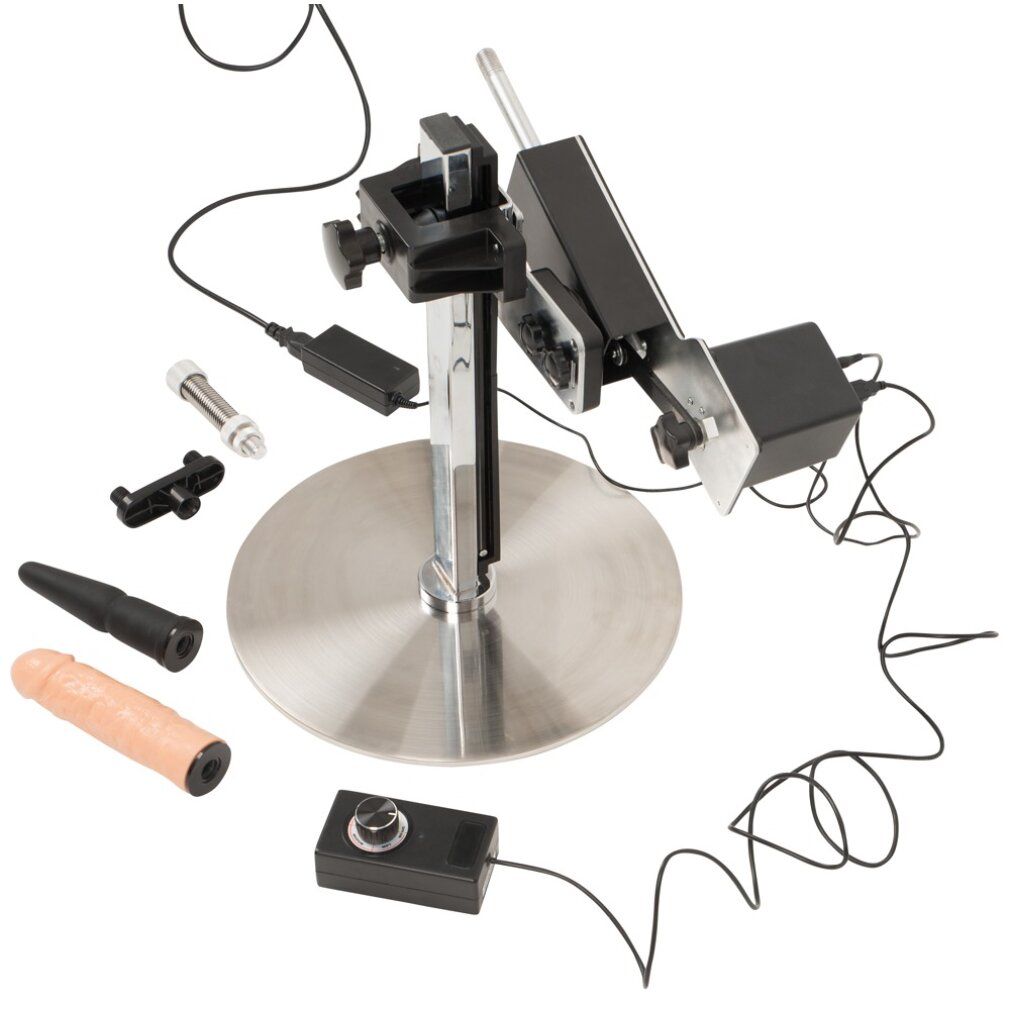 Dispositivo con base metallica, asta, supporto e accessori. Include un accessorio color carne, un accessorio nero e altre parti.