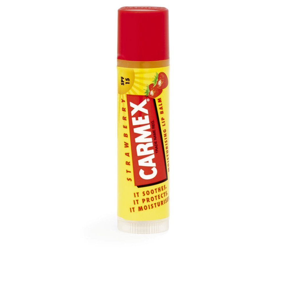 Stick di balsamo per labbra giallo con cappuccio rosso. Scritta: CARMEX, Fragola, SPF 15. Immagine di fragole.