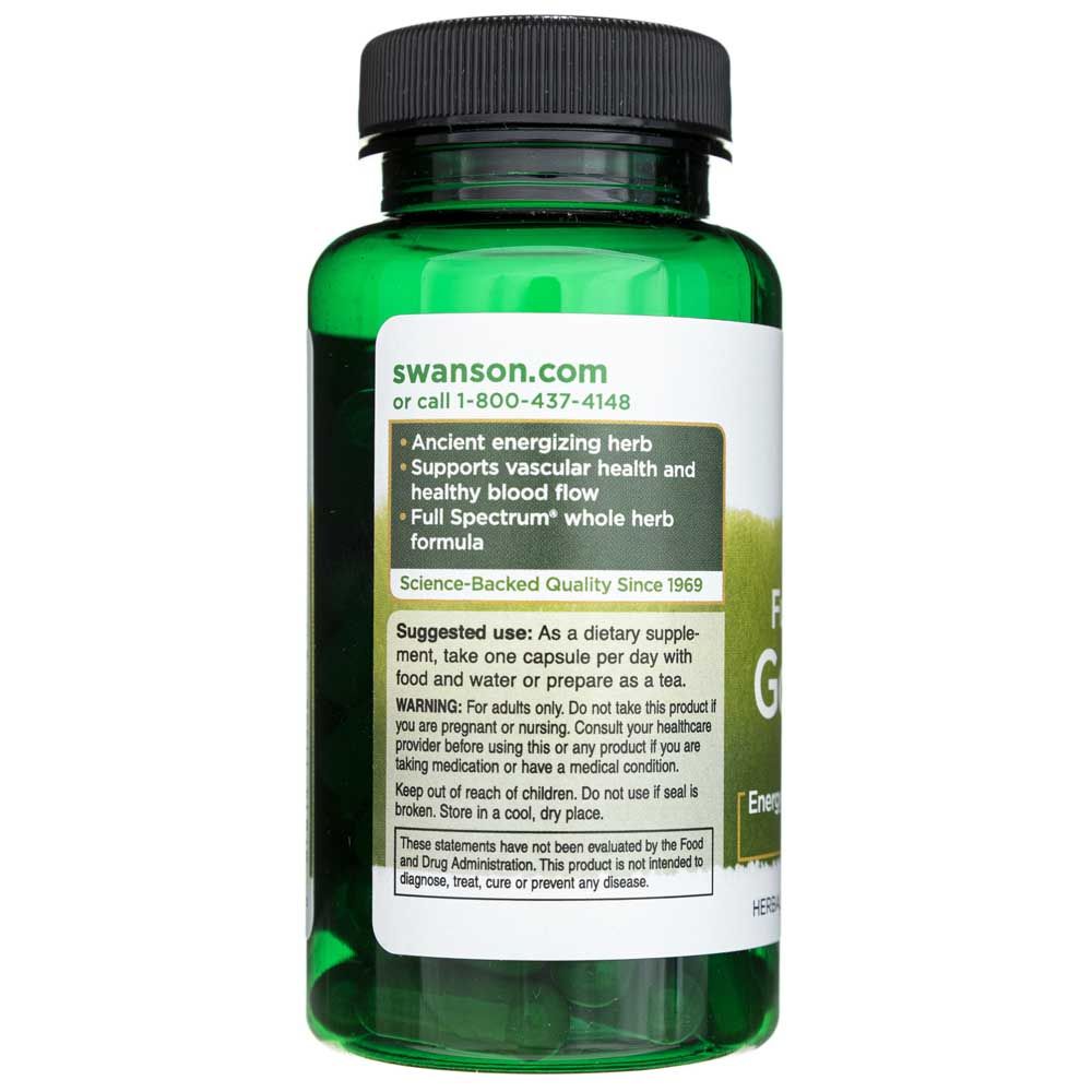 Vista laterale di una bottiglia di capsule verdi con testo su 'Ancient energizing herb' e 'Full Spectrum whole herb formula'.