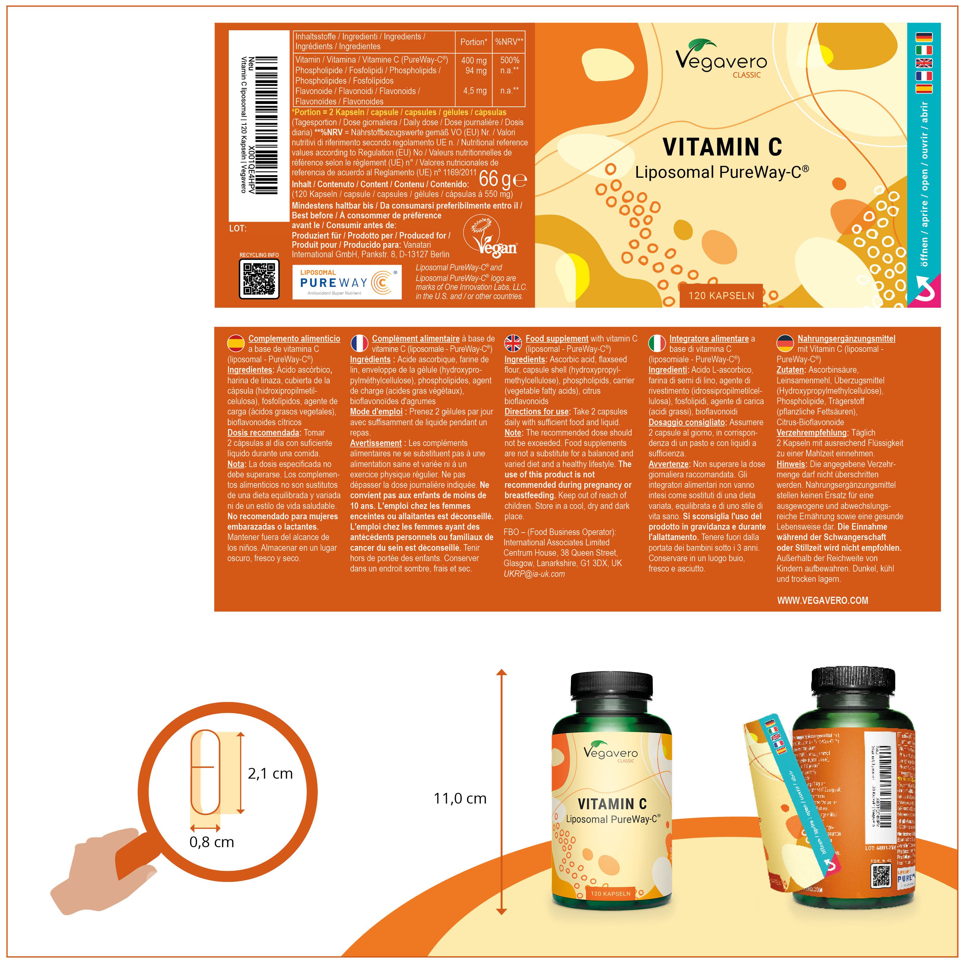 Confezione del prodotto con informazioni. Confronto dimensioni flacone e capsula. Scritta: VEGAVERO, Vitamina C.