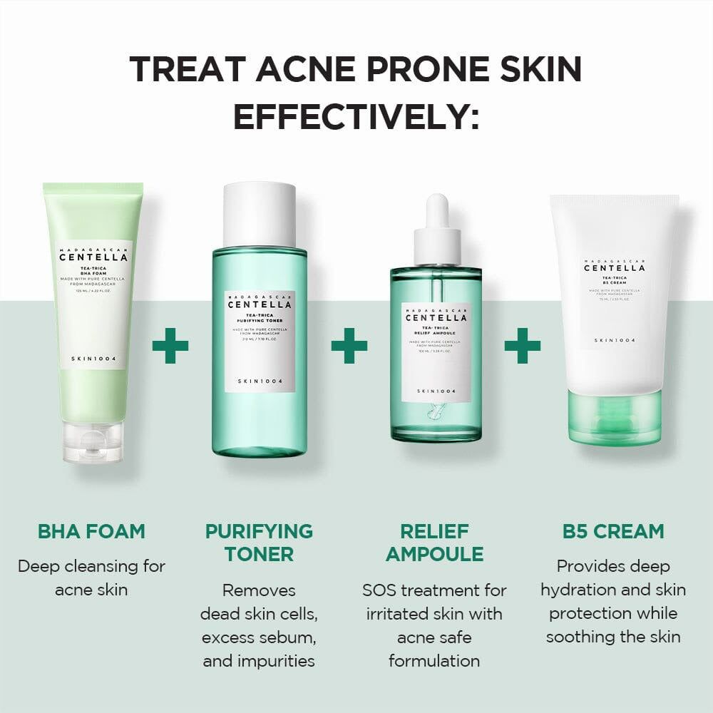 Quattro prodotti: BHA FOAM, PURIFYING TONER, RELIEF AMPOULE, B5 CREAM. Scritte: nome del marchio, nomi dei prodotti, descrizioni d'uso.