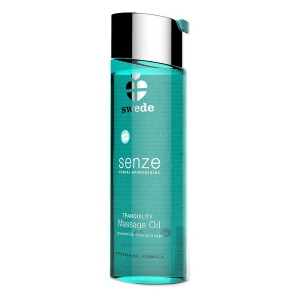 Flacone turchese con tappo argentato. Scritta: swede, senze, Massage Oil. Testo: Spearmint Rose Orange.