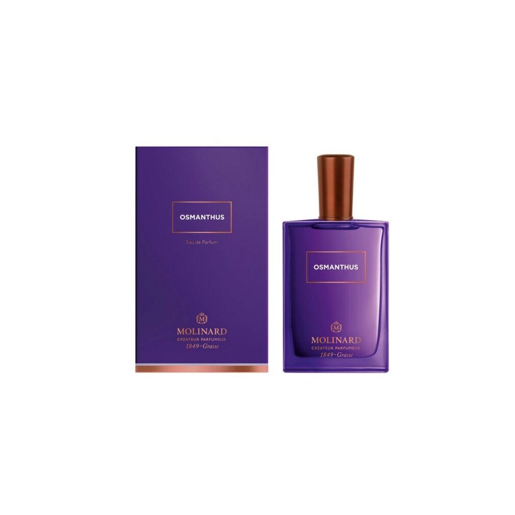 Flacone in vetro viola e scatola rettangolare abbinata, entrambi con etichetta "OSMANTHUS".