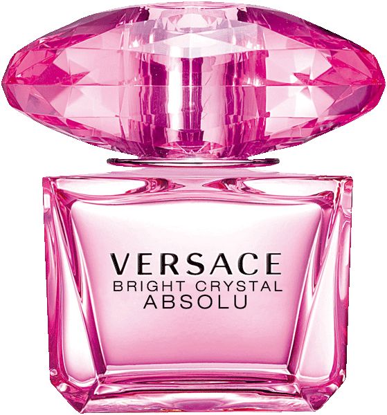 Flacone rosa con tappo di cristallo. Scritta: VERSACE BRIGHT CRYSTAL ABSOLU.