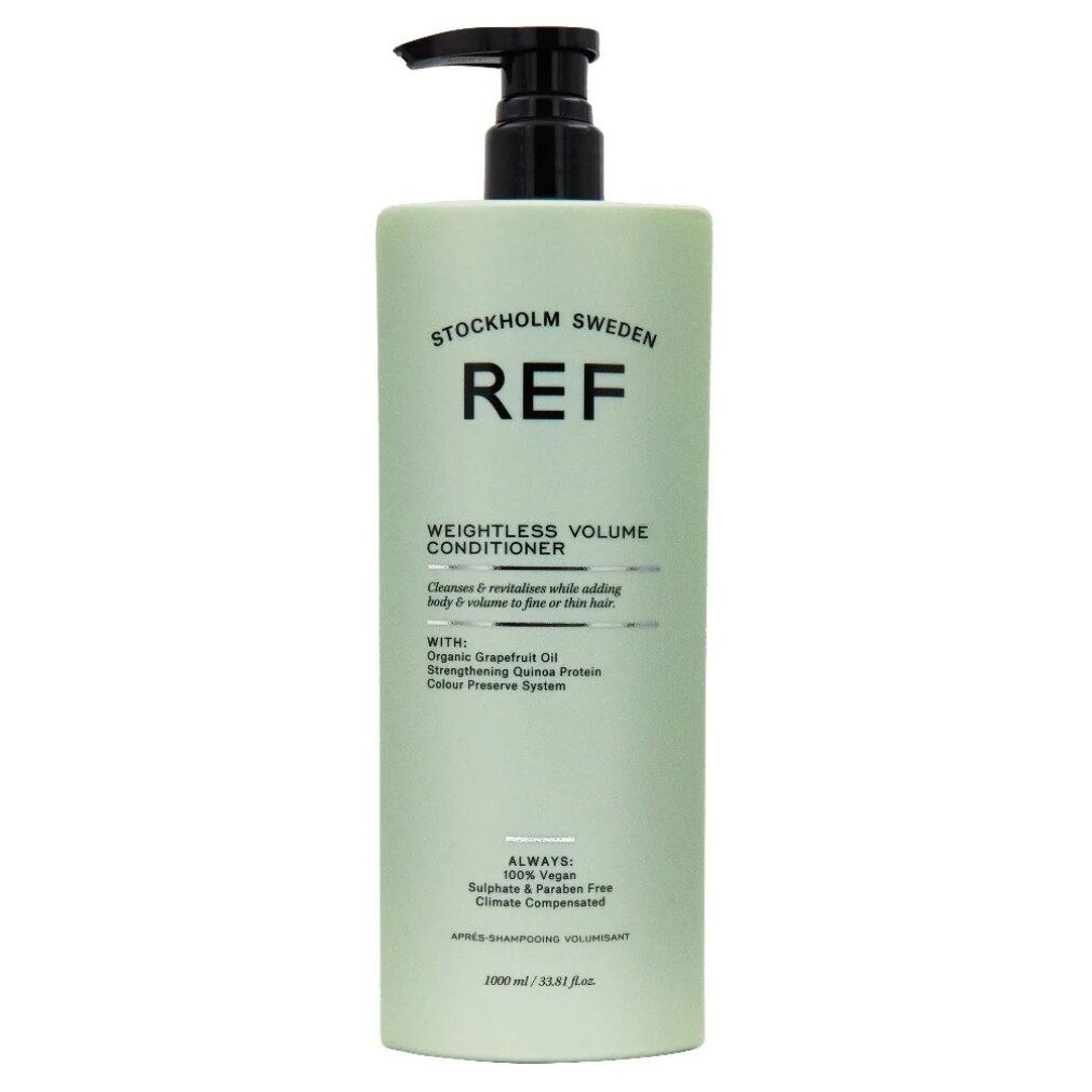 REF Weightless Volume Conditioner in flacone verde chiaro con erogatore a pompa nero. 1000ml.